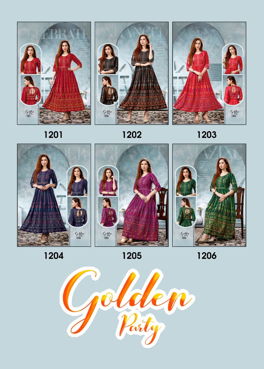 Beauty Queen Golden Party Ethnic Wear Rayon Printed Anarkali Long Kurti Collection